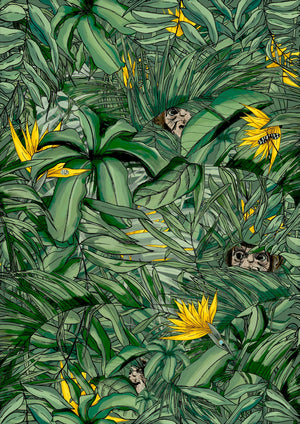 Monkey Forest wallpaper by Brand McKenzie in green and yellow, pattern detail of monkeys in tropical leaves