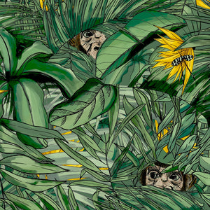 Monkey Forest wallpaper by Brand McKenzie in green and yellow, close view of monkeys in tropical leaves