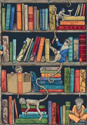Monkey Library wallpaper by Brand McKenzie in blue, close view of monkeys in a bookcase