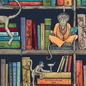 Monkey Library wallpaper by Brand McKenzie in blue, pattern detail of monkeys in a bookcase