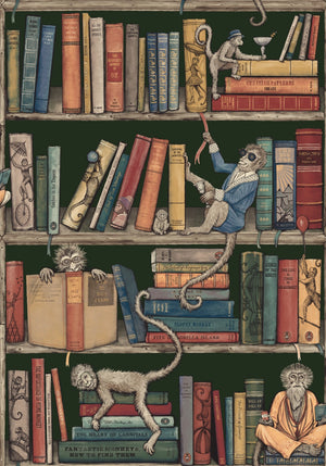Monkey Library wallpaper by Brand McKenzie in green, close view of monkeys in a bookcase