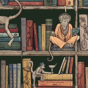 Monkey Library wallpaper by Brand McKenzie in green, close-up of monkeys in a bookcase