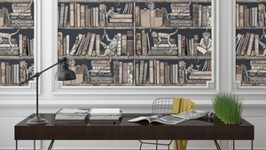 Monkey Library wallpaper by Brand McKenzie in taupe, monkeys in a bookcase above a work desk