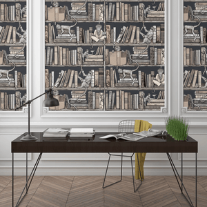 Monkey Library wallpaper by Brand McKenzie in taupe, close-up of monkeys in a bookcase
