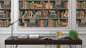 Monkey Library wallpaper by Brand McKenzie in green, detail of monkeys in a bookcase