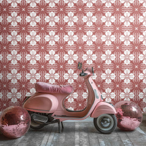 Santorini Tile wallpaper by Liberty James Studio in pink and white, roll showing a Mediterranean tile pattern