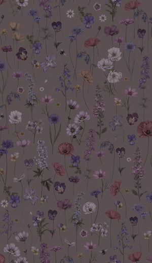 Botanica wallpaper by Victoria Sanders in mulberry, pattern sample of wildflowers and poppies