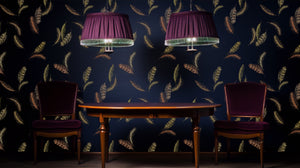 Newtown Creek wallpaper by XV Interiors in navy, drifting feathers in a dining area