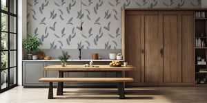 Newtown Creek wallpaper by XV Interiors in grey, drifting feathers in a dining room