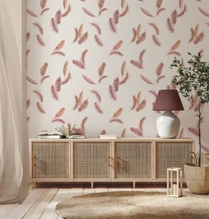 Newtown Creek wallpaper by XV Interiors in cream and rust, drifting feathers above a sideboard