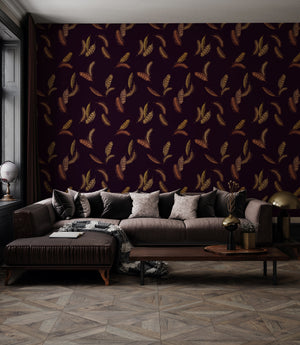 Newtown Creek wallpaper by XV Interiors in brown, drifting feathers in a living room