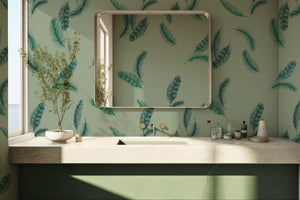 Newtown Creek wallpaper by XV Interiors in sage green, drifting feathers in a bathroom