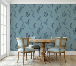 Newtown Creek wallpaper by XV Interiors in blue, drifting feathers behind a dining table