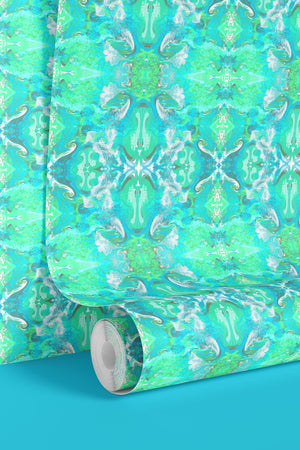 Naples wallpaper by Liberty James Studio in turquoise, sample roll showing an ornate kaleidoscope design