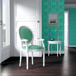 Naples wallpaper by Liberty James Studio in turquoise, an ornate kaleidoscope design in a dining area