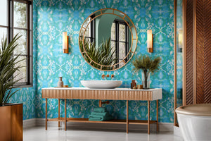 Naples wallpaper by Liberty James Studio in blue, an ornate kaleidoscope design on a bathroom wall
