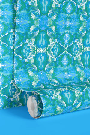 Naples wallpaper by Liberty James Studio in blue, roll showing an ornate kaleidoscope design