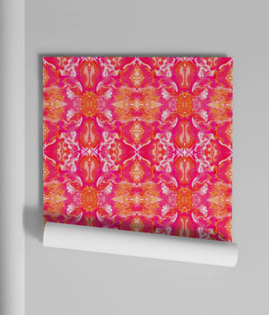 Naples wallpaper by Liberty James Studio in pink, roll showing an ornate kaleidoscope design
