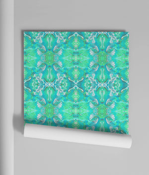 Naples wallpaper by Liberty James Studio in turquoise, partly unrolled roll showing an ornate kaleidoscope design