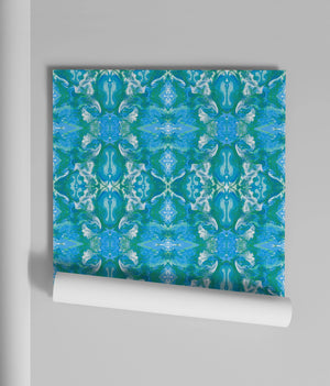 Naples wallpaper by Liberty James Studio in blue, sample roll showing an ornate kaleidoscope design