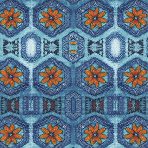 Nui Burst velvet by Tatie Lou in blue and orange, full repeat of shibori-style bursts