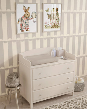 Scallop Lane wallpaper by Liberty James Studio in grey, scalloped stripes in a child's room
