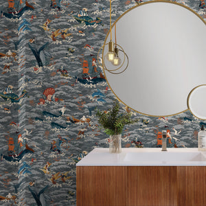 Ocean Waves wallpaper by Brand McKenzie in charcoal, sea creatures in rolling waves in a bathroom