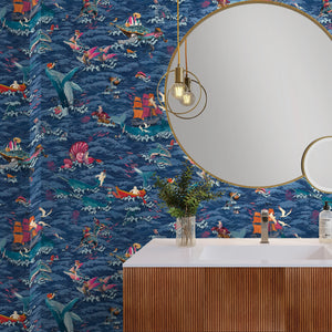 Ocean Waves wallpaper by Brand McKenzie in blue, sea creatures in rolling waves in a bathroom