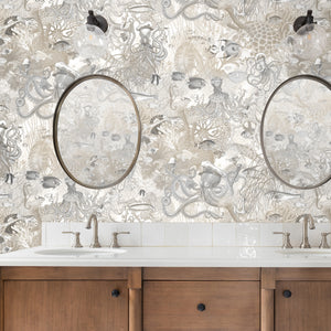 Octopus wallpaper by Brand McKenzie in cream, octopus and sea life on a bathroom wall