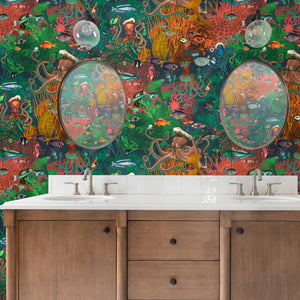 Octopus wallpaper by Brand McKenzie in green and coral, octopus and sea life in a bathroom