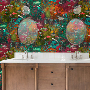 Octopus wallpaper by Brand McKenzie in red and green, octopus and sea life in a bathroom setting