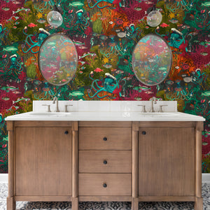 Octopus wallpaper by Brand McKenzie in red and green, octopus and sea life on a bathroom wall