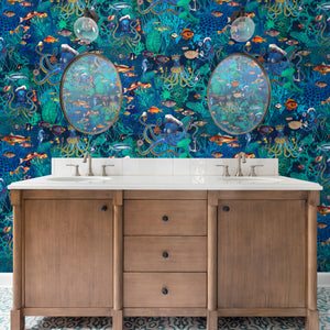 Octopus wallpaper by Brand McKenzie in turquoise, octopus and sea life on a bathroom wall