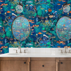 Octopus wallpaper by Brand McKenzie in blue, octopus and sea life in a bathroom setting