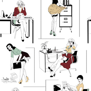 Office Etiquette wallpaper by Dupenny in black and white, full repeat of vintage office scenes