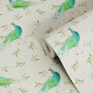 Sustainable Olive and Dot Peacock wallpaper by Seed Home Designs in blue and green, roll showing peacocks and olive sprigs