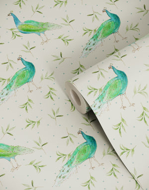 Sustainable Olive and Dot Peacock wallpaper by Seed Home Designs in blue and green, roll showing peacocks and olive sprigs