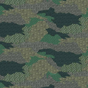 Ordnance Survey linen linen by Parker and Jules in green, full repeat of a map-style camouflage print