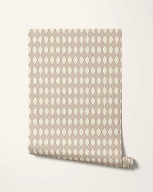 Harlequin Parade wallpaper by Annika Reed in beige, sample roll showing a small harlequin check