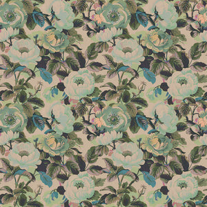 Rococo Roses wallpaper by Tatie Lou in sage green, flat sample of painterly roses
