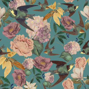 Swallows and Blooms wallpaper by Tatie Lou in teal, full repeat of swallows and peonies