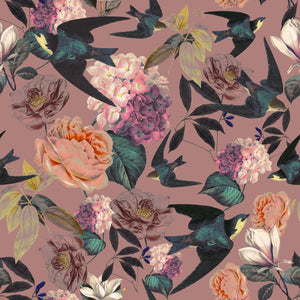Swallows and Blooms wallpaper by Tatie Lou in pink, flat sample of swallows and peonies