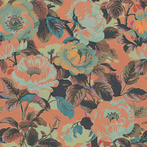 Rococo Roses wallpaper by Tatie Lou in coral, full repeat of painterly roses