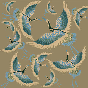 Pachamama wallpaper by Tatie Lou in beige, roll showing flying cranes