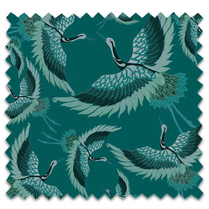 Pachamama velvet by Tatie Lou in teal, full repeat of flying cranes
