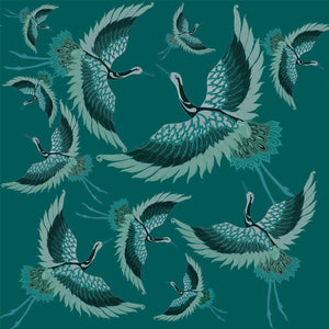 Pachamama wallpaper by Tatie Lou in teal, pattern sample of flying cranes