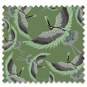 Pachamama velvet by Tatie Lou in olive, pattern sample of flying cranes