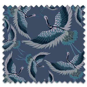 Pachamama velvet by Tatie Lou in navy, flat sample of flying cranes