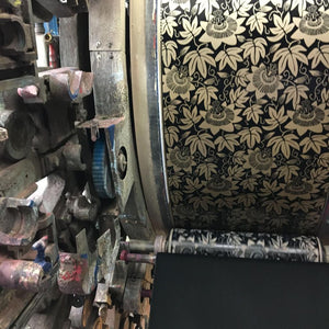 Passion Flower wallpaper by The Monkey Puzzle Tree in gold and black, the artist's artwork in progress