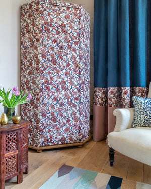 Creeping Trellis linen by Parker and Jules in red, flowers on a trellis made into curtains